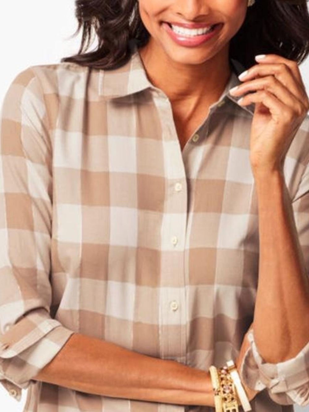 Talbots Beige and Cream Plaid Button-Down Shirt